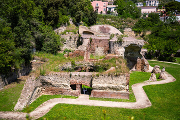 Italy, Naples, Baia, view and details of the archaeological area specialized in the spa treatments of the ancient Romans.