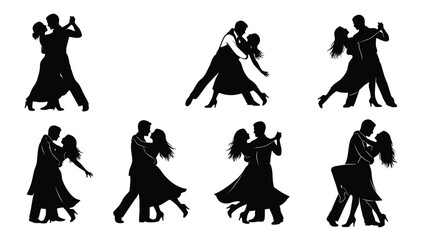 Fototapeta premium Silhouette of couples dancing in various poses on white background with romantic and illustration and graphic and vector and clipart and valentine