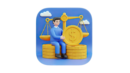 Man holding large coin with scales of justice and stacks of gold coins