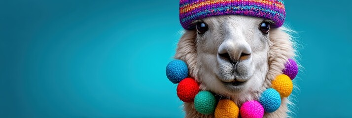 Obraz premium Adorable White Llama Wearing Colorful Beanie and Pom-pom Necklace