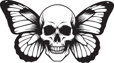 Obraz premium Black and white of a skull with butterfly wings macabre death