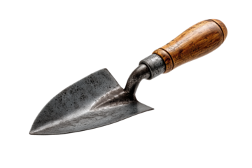 A close-up of a vintage gardening trowel showcasing its metallic blade and wooden handle, perfect for gardening enthusiasts.