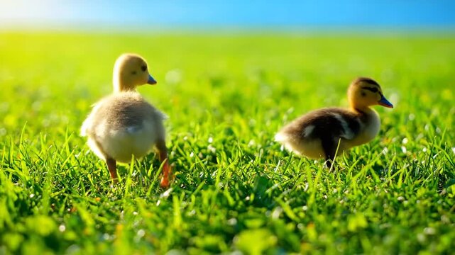 Cute ducklings walking and pecking in vibrant green grass on a sunny spring day