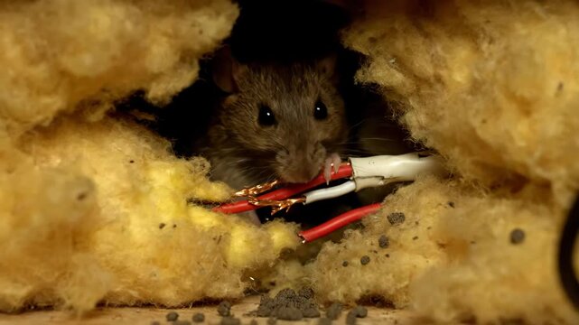 Mouse Nesting in Insulation with Exposed Wiring - A close-up captures a brown house mouse nestled within yellow insulation, having chewed through electrical wiring.