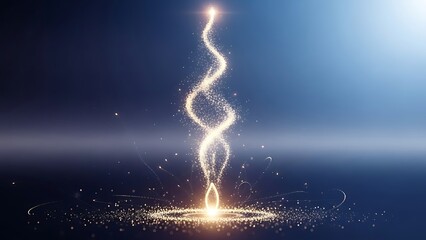 A spiral of light rises from a cloud of glowing particles on a dark blue background