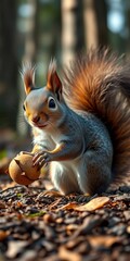 Obraz premium Scurrying squirrel with bushy tail, bright eyes, playfully grabbing a nut in a forest setting, bushy tail, small animal