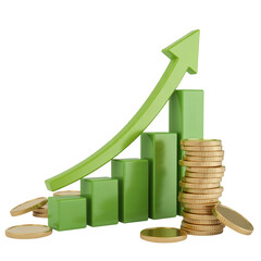  A 3D render of a green upward-trending bar graph with a large arrow pointing upward against a white background