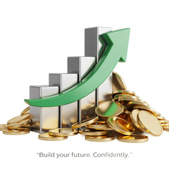  A 3D render of a green upward-trending bar graph with a large arrow pointing upward against a white background