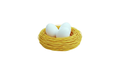 Three white eggs in a yellow nest