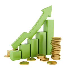 A 3D render of a green upward-trending bar graph with a large arrow pointing upward against a white background