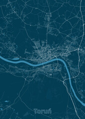 Map of Torun, Poland, rendered in shades of blue. The city's layout is depicted with fine white lines representing streets and roads, contrasting against a dark blue background.