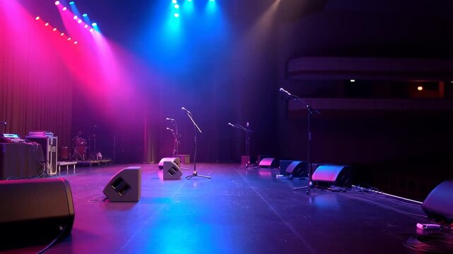 Colorful stage setup with microphones and speakers ready for a live music performance. Preparing for an energetic concert atmosphere
