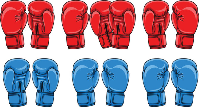Boxing glove icon collection featuring red and blue vector designs of padded sports equipment for combat fighting training and martial arts matches.