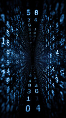 Abstract blue binary tunnel with glowing digital number walls showing data stream technology concept and futuristic cyberspace connection network
