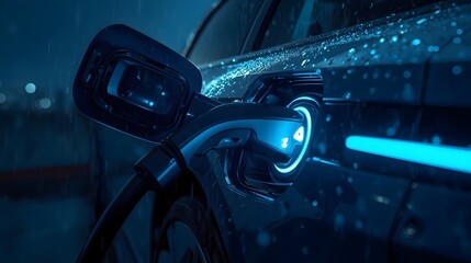 Electrifying Innovation: A sleek electric vehicle is being charged with a blue charge, signifying a commitment to eco-friendly transport.