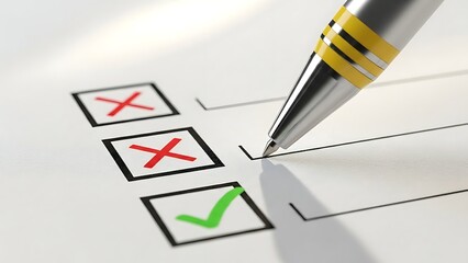 pen marking checkbox with green checkmark and red crosses on paper