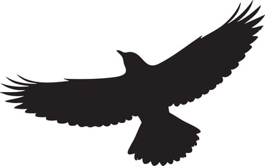 Black bird silhouette with wings spread wide in flight against a white background