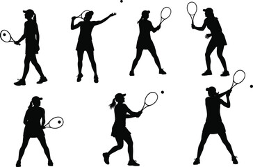 Female tennis player silhouette collection featuring black vector designs of women athletes serving hitting backhands and forehands for sports competition graphic design.