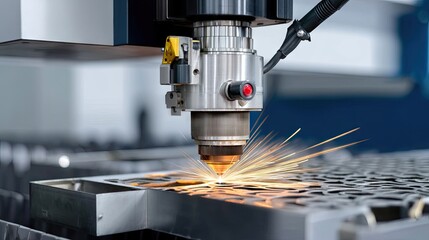 High-end industrial laser cnc machine cutting in motion with glowing accents centered above a work surface filled with yellow round objects in a modern factory