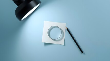 Illumination of Inquiry: An overhead shot showcases a lamp illuminating a white paper square with a circle, a pencil, and a light-blue surface. Capturing curiosity and exploration.