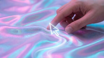 Finger touching holographic cursor on iridescent fabric surface,futuristic tactile interaction concept with digital technology and texture blending
