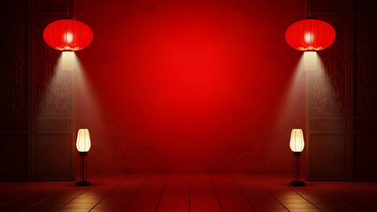Chinese New Year background with red lanterns and spotlights in a festive atmosphere