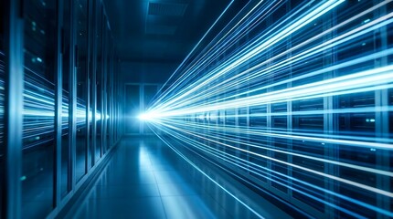 Data transfer and technology concept in server room with fast moving light beams,modern network infrastructure and digital storage environment