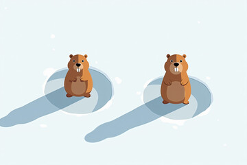Two cartoon groundhogs emerging from snow with copy space