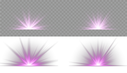 PNG Sunbeam and Sunshine Glow with Lens Effect. Bright light explosion of sun rays on a dark background. Glow bright light star, violet sun rays, bokeh. Luxurious design style. Vector illustration.