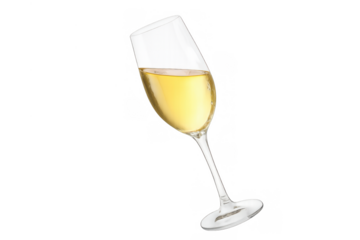 Champagne flute with sparkling wine splashing, celebrating toast moment, elegant drink for luxury party, transparent background isolate