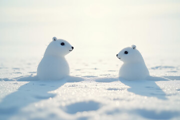 Two cute snow figures sitting in a bright snowy winter landscape with copy space