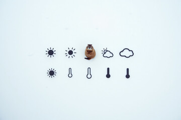 Groundhog predicting weather in snow with icons, with copy space