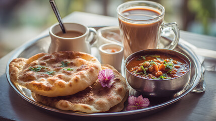 Nepali breakfast with naan, curry, and chai