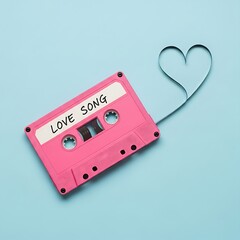 A retro pink cassette tape labeled "Love Song" with its magnetic tape pulled out to form a heart shape.