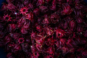 Close-up of fresh roselle hibiscus calyces with deep red color and rich texture. Popular tropical plant used for herbal tea, juice, and healthy food concepts, ideal for food and agriculture themes.