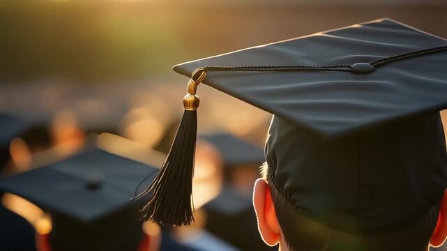 Graduates in caps celebrating achievement at ceremony outdoors in warm sunlight
