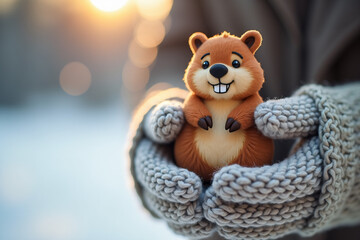 Cute groundhog plush toy held in knitted mittens outdoors with copy space