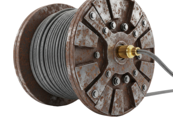 massive rusty industrial steel spool wound with gray cable, terminating in a polished brass connector, close-up 3d render on a white background. concept of industrial decay and precision