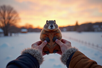 Groundhog held by hands in snowy field at sunset with copy space