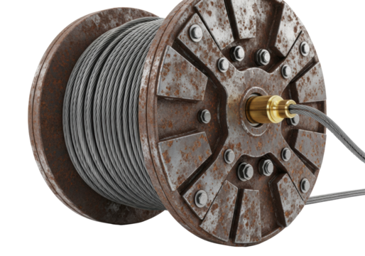 massive rusty industrial steel spool wound with gray cable, terminating in a polished brass connector, close-up 3d render on a white background. concept of industrial decay and precision - Powered by Adobe