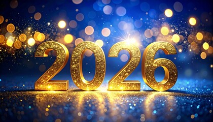 Elegant 2026 New Year background with golden numbers, subtle glitter, and abstract blue bokeh lights, ideal for holiday greetings, celebration banners, and festive digital designs.