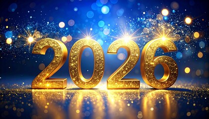 Elegant 2026 New Year background with golden numbers, subtle glitter, and abstract blue bokeh lights, ideal for holiday greetings, celebration banners, and festive digital designs.
