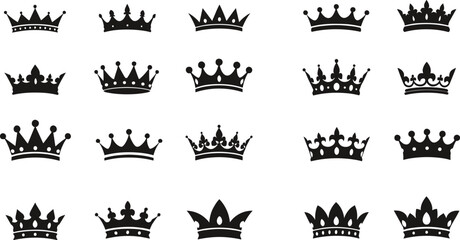Crown silhouette collection featuring black vector designs of royal tiaras coronets and kingly headwear for heraldic awards luxury branding and majestic graphic design. © Shefali