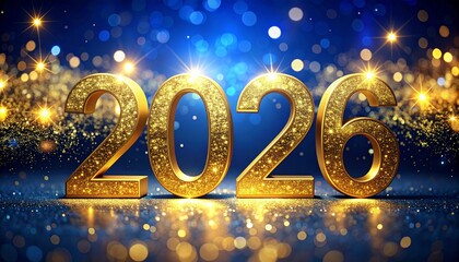 Elegant 2026 New Year background with golden numbers, subtle glitter, and abstract blue bokeh lights, ideal for holiday greetings, celebration banners, and festive digital designs.