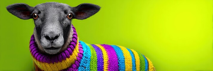 Portrait of a Cute Black Sheep in a Colorful Striped Sweater