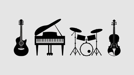 a simple flat design showcasing a collection of musical instruments including a guitar piano drum kit and violin all in black silhouettes high quality professional detailed