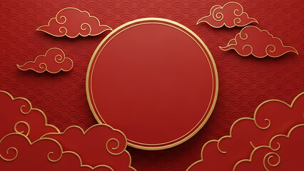 Chinese New Year background with red and gold clouds and a circular frame for celebration