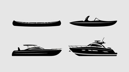 a visual representation showcasing silhouettes of various watercraft including a traditional canoe a simple rowboat and two different motor yachts high quality professional detailed modern elegant