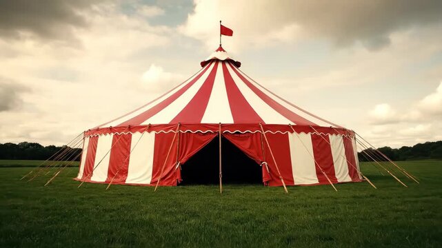 Red and White Striped Circus Tent on Grassy Field - This video shows a large, red and white striped circus tent set up in a field of green grass, under a cloudy sky.