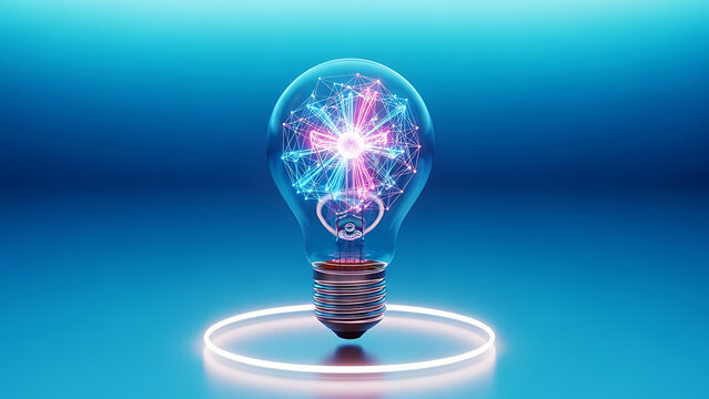Glowing light bulb with vibrant pink and blue connections - Powered by Adobe